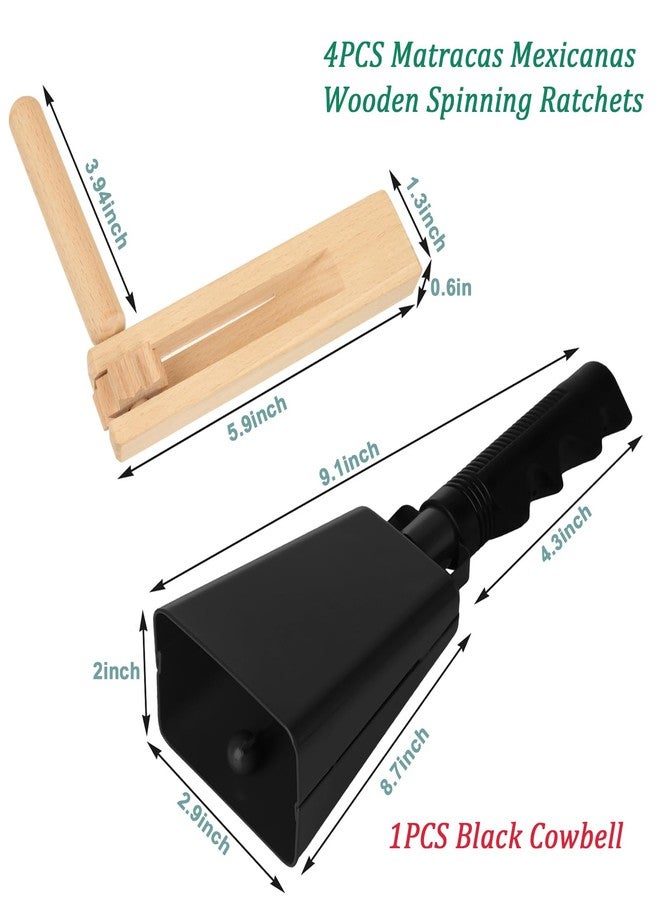 Acrux7 Cow Bell Ratchet, 1Pcs 9 Inch Black Metal Cowbell with Handle and 4Pcs Wooden Spinning Rattle Ratchet Noise Maker, Traditional Matraca Cowbell for Sporting Events, Football Game, Party - Image 2